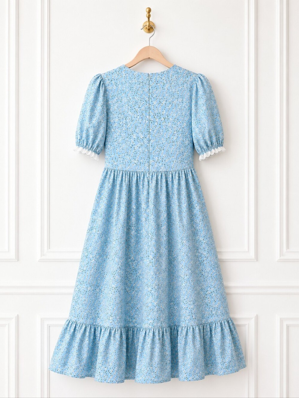 Blue Floral Cottagecore Midi Dress Size XL Puff Sleeve Square Neck Romantic - Picture 7 of 9